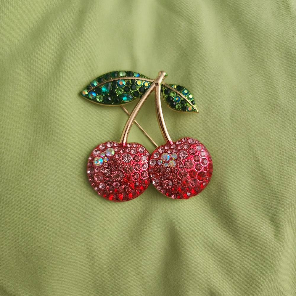 Cherry Rhinestone Crystal Brooch Pin Red Pink Green AB